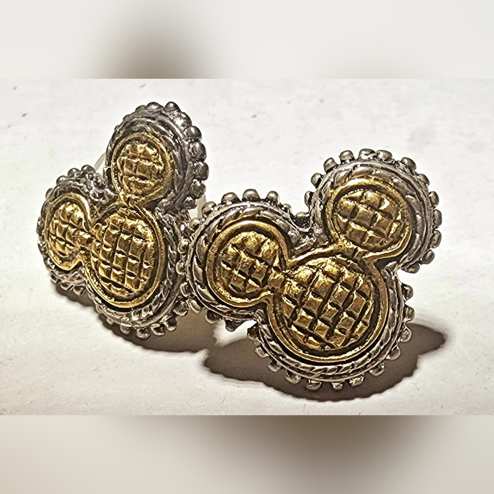 Rare find! Textured gold and silver Mickey Mouse head pierced earrings